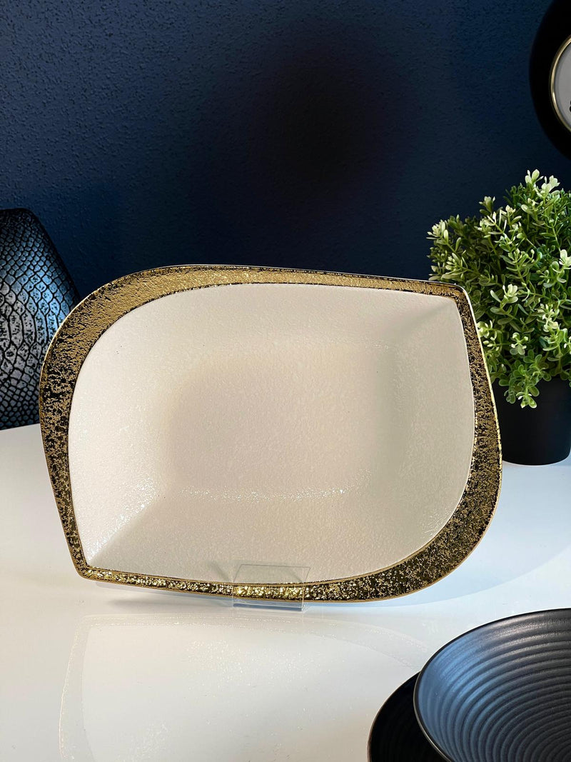 TREND HOME LEAF Assiette de service en porcelaine blanc/doré 25 cm