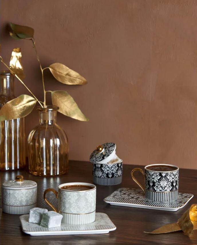 KARACA QUEEN Set de 2 Tasses à café avec soucoupes et petit sucrier en porcelaine blanc